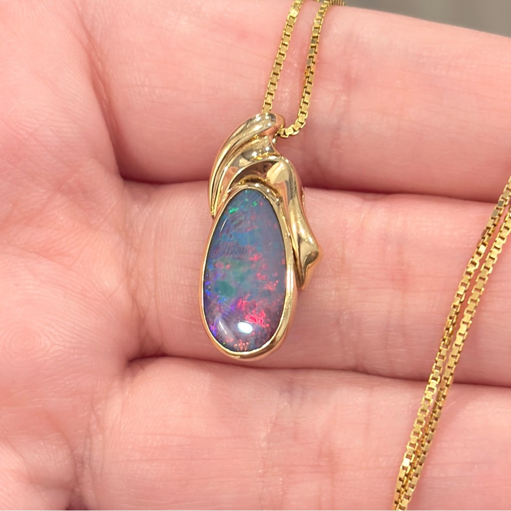14K Australian Opal Pendant, Vintage Doublet, Crystal Dark Natural, Colorful IOG - Picture 10 of 14